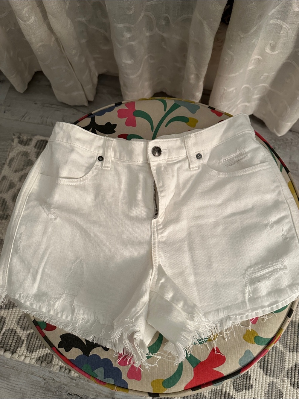 aerie White Distressed Denim Shorts